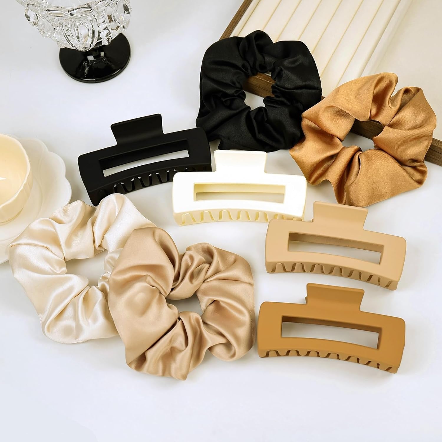 8Pcs Hair Clips and Scrunchies Set - 4 Medium Claw Clips for Women, Non-Slip Matte Hair Claws, 4 Large Satin Scrunchies, Hair Accessories Set for Thick Thin Hair, Neutral Color, Daily Use