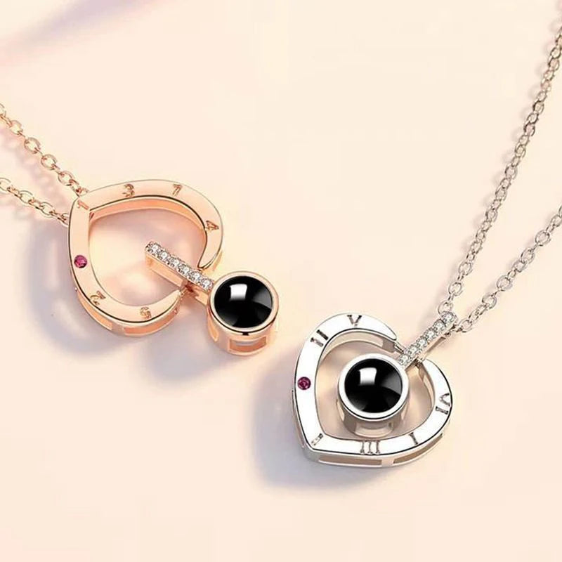 Projection Necklace Set with Rose Gift Box 100 Languages I Love You Heart Pendant Jewelry 2023 Hot Sale Accessories Dropshipping