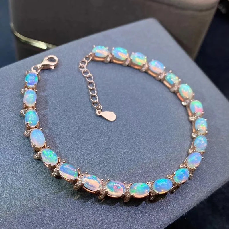 Luxurious Natural Sapphire /Opal Blue Gemstone 4X6Mm 21Pcs Bracelet Solid 925 Sterling Silver Bracelet