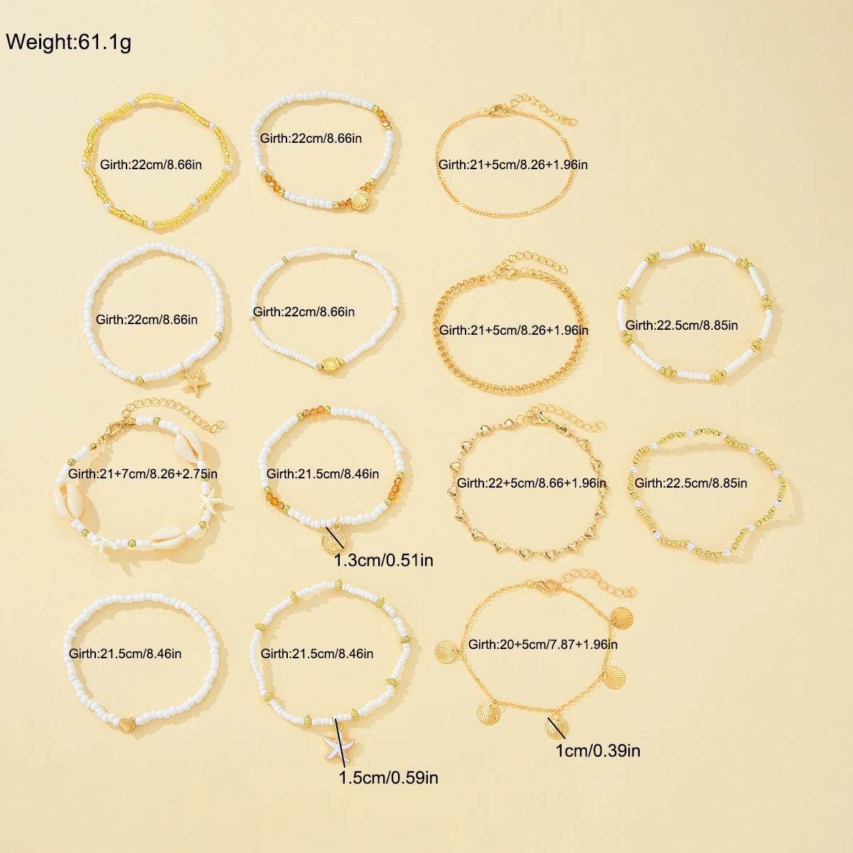 14Pcs/Set Bohemian Rice Beads Starfish Shell Anklet Sets for Women Retro Gold Color Multiler Foot Chain Vacation Jewelry Gifts