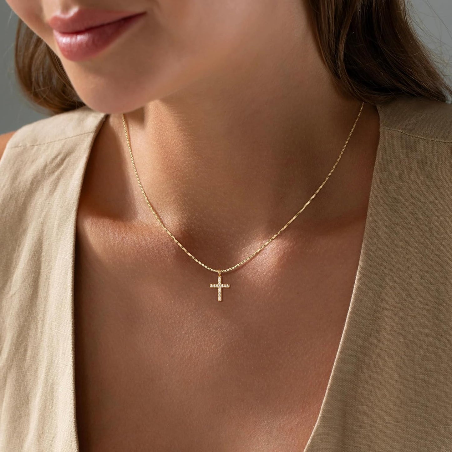 Cross Necklace for Women,14K Gold Plated Small Dainty Colorful Beaded Cubic Zirconia Diamond Double Layered Cross Pendant Choker Necklaces for Women,Christian Easter Religious Jewelry Gifts