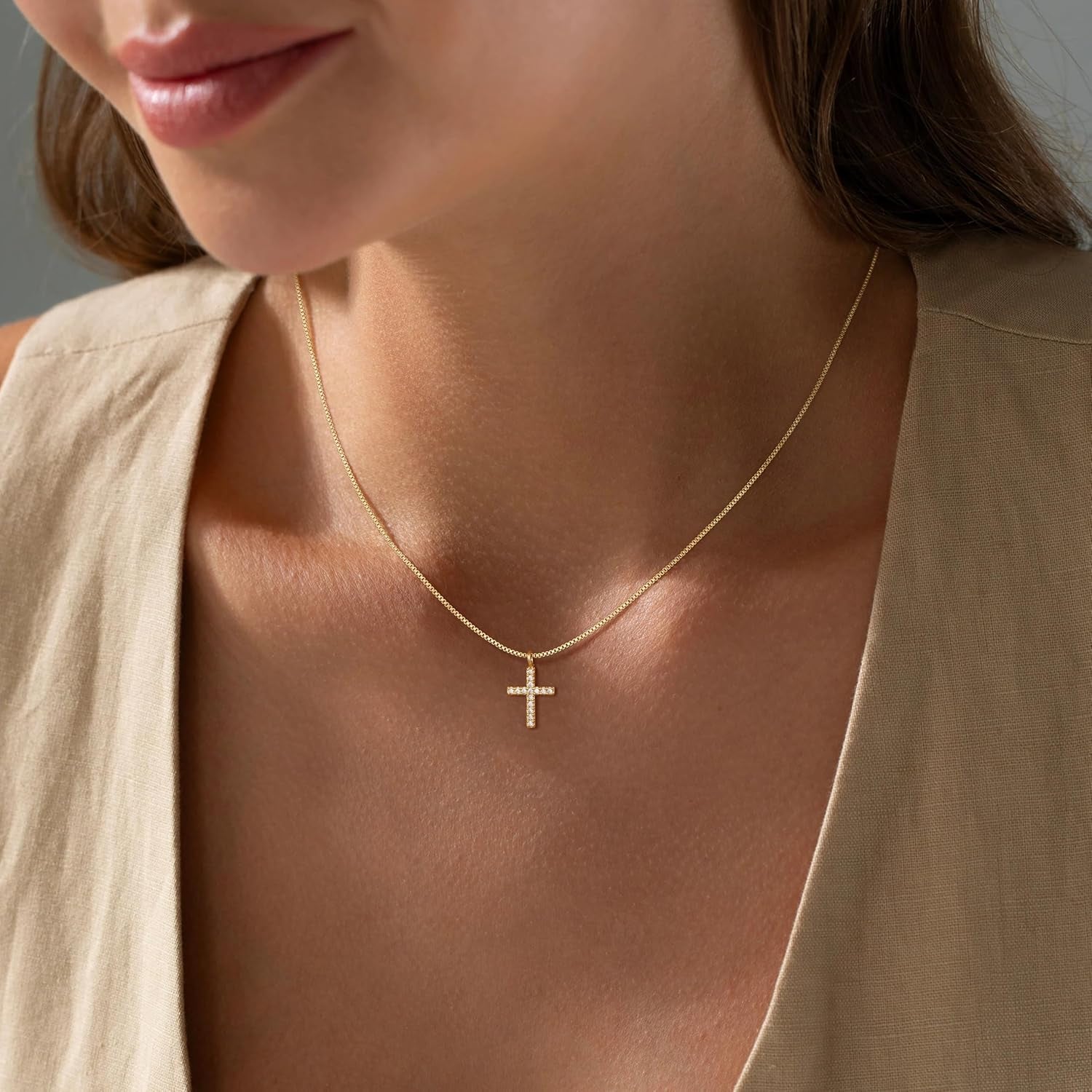 Cross Necklace for Women,14K Gold Plated Small Dainty Colorful Beaded Cubic Zirconia Diamond Double Layered Cross Pendant Choker Necklaces for Women,Christian Easter Religious Jewelry Gifts