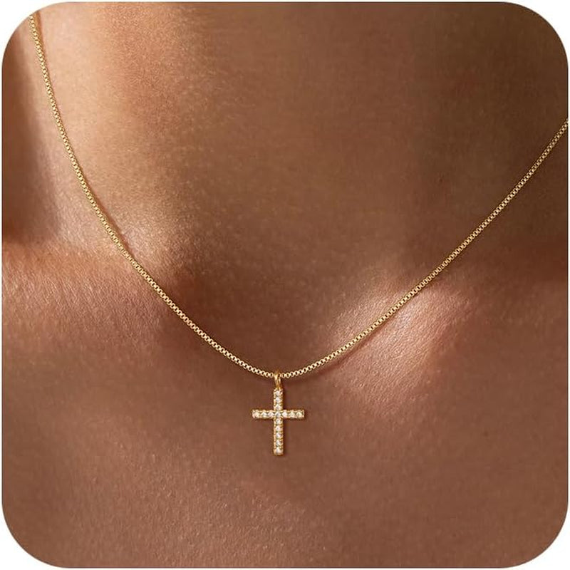 Cross Necklace for Women,14K Gold Plated Small Dainty Colorful Beaded Cubic Zirconia Diamond Double Layered Cross Pendant Choker Necklaces for Women,Christian Easter Religious Jewelry Gifts