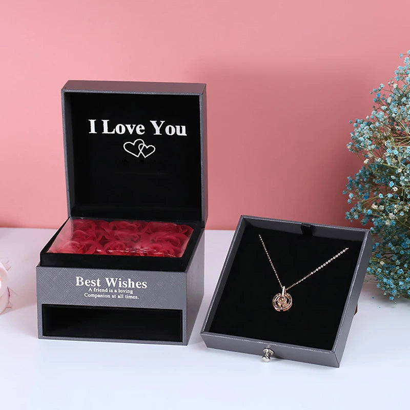 Love Zircon Necklace 100 Languages I Love You Projection Pendant for Women with 9 Roses Gift Box 2023 Hot Romantic Accessories