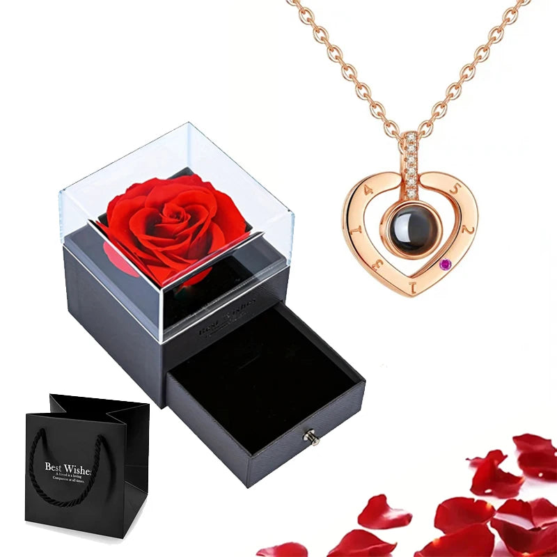 Projection Necklace Set with Rose Gift Box 100 Languages I Love You Heart Pendant Jewelry 2023 Hot Sale Accessories Dropshipping