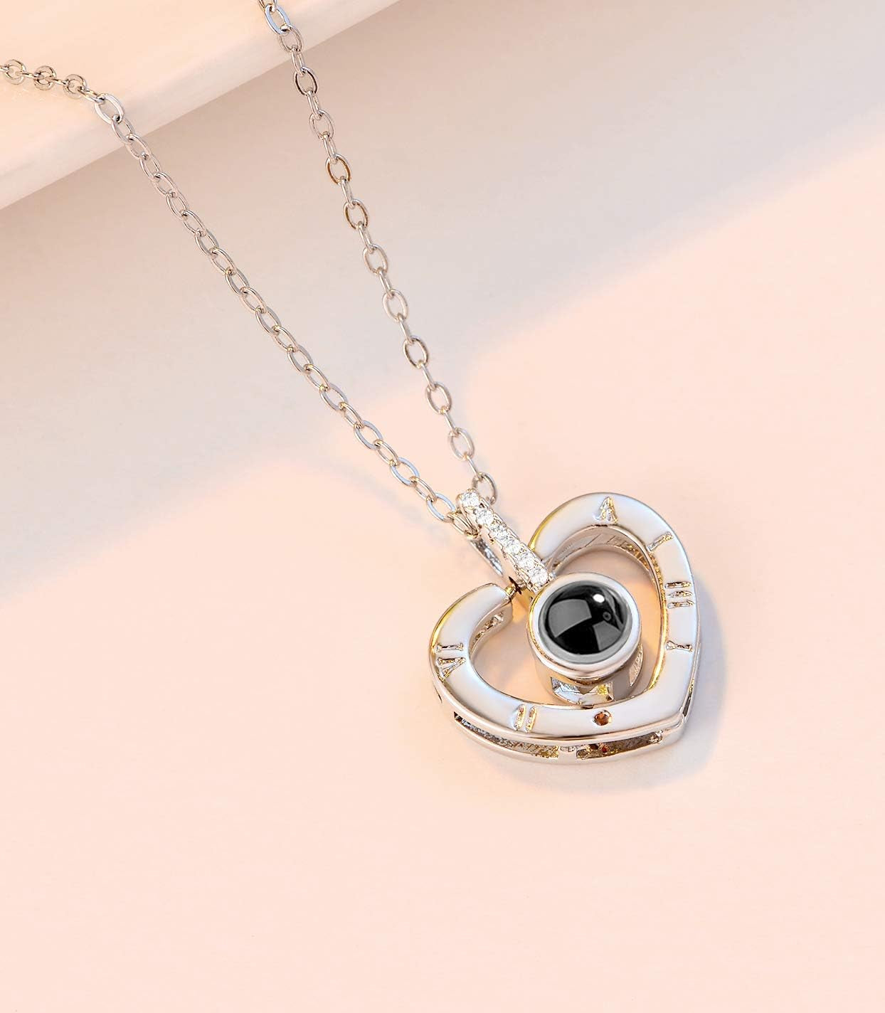 Gold Plated 100 Languages I Love You Memory Necklace Projection Pendant Necklace for Women Silver Tone