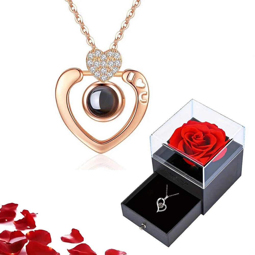 Projection Necklace Set with Rose Gift Box 100 Languages I Love You Heart Pendant Jewelry 2023 Hot Sale Accessories Dropshipping