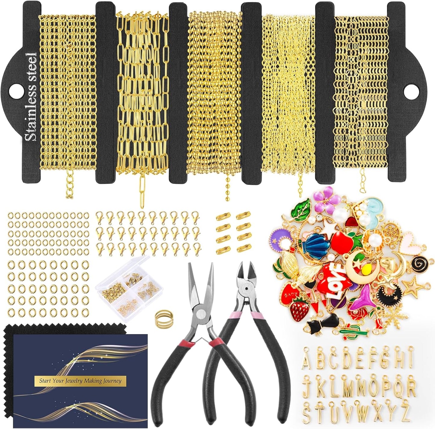 16.4 FT Gold Chain for Jewelry Making, Jewelry Making Chains Kit with Jump Rings/Lobster Clasps/Connectors/Charms/Pliers, Stainless Steel Necklace Chains for DIY Craft