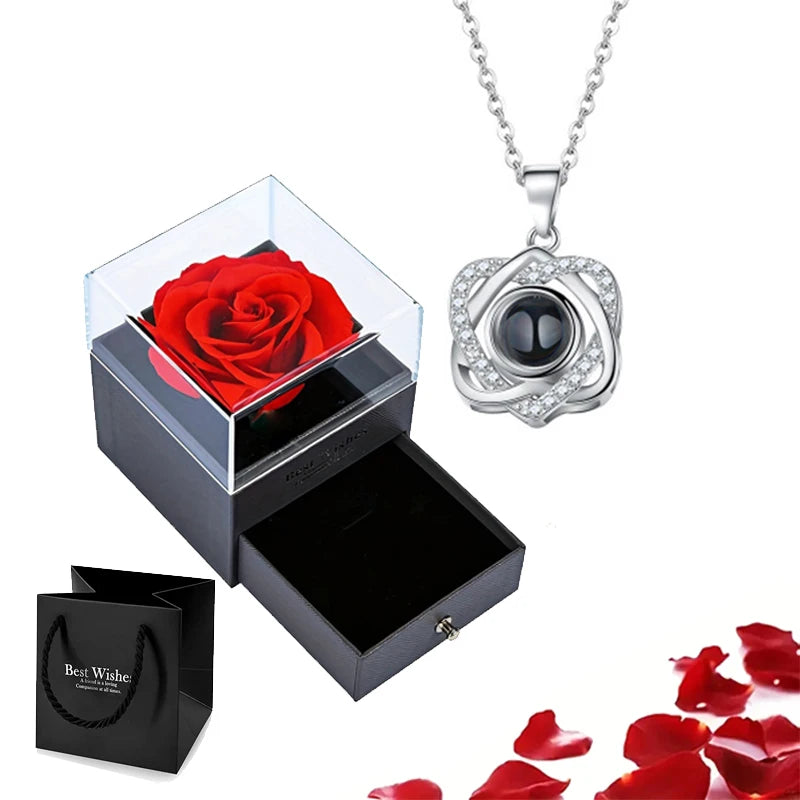 Projection Necklace Set with Rose Gift Box 100 Languages I Love You Heart Pendant Jewelry 2023 Hot Sale Accessories Dropshipping