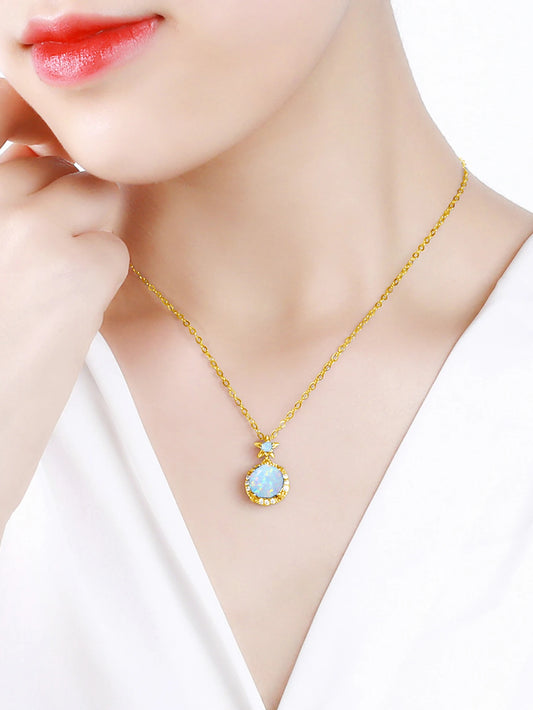 Shiny 925 Silver Necklace 9Mm round Opal Stone Pendant Beach Lover Gift Ocean Inspired Everyday Jewelry for Women Sensitive Skin