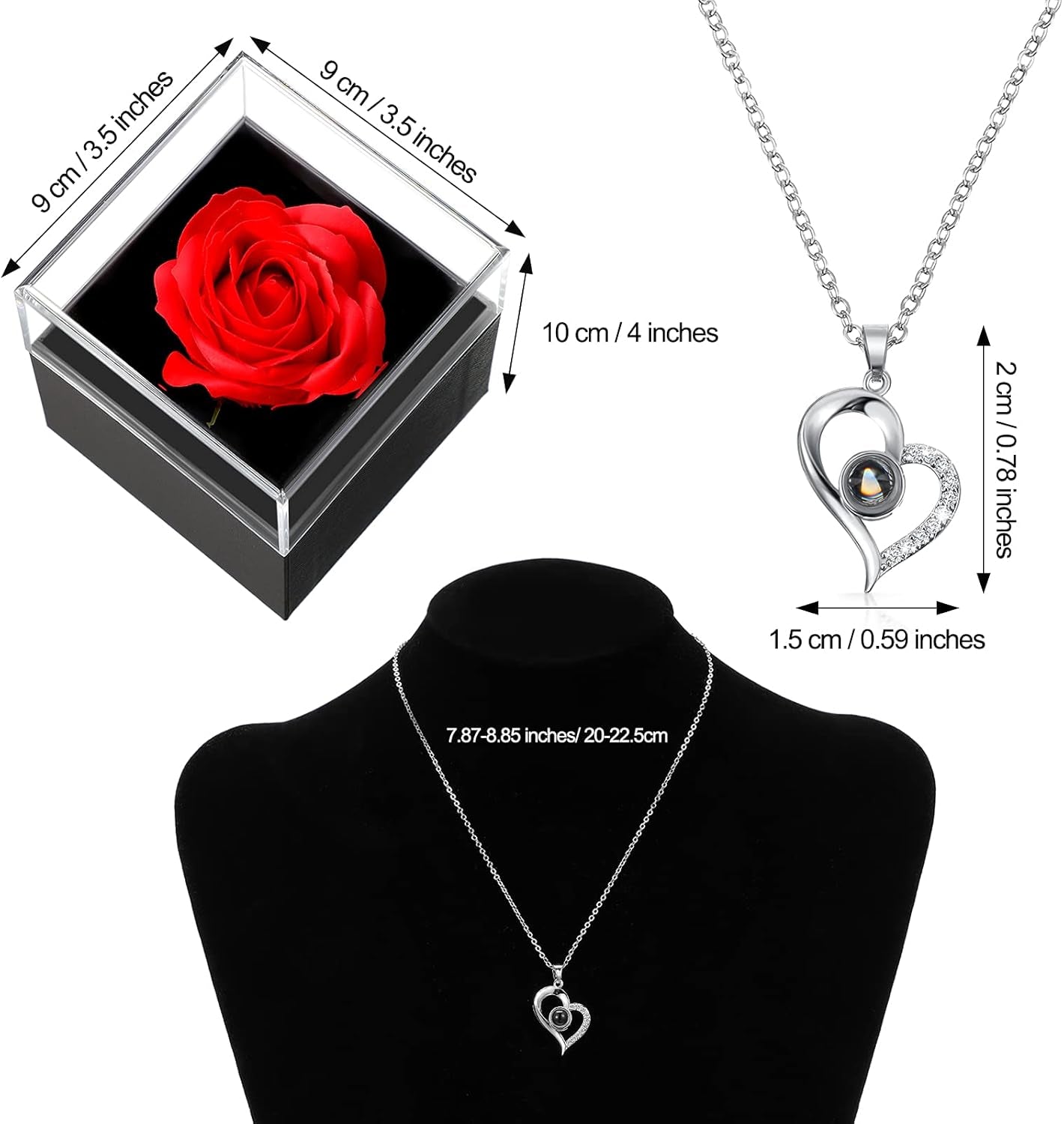 Mother'S Day Necklace Gift for Girlfriend Women I Love You in 100 Languages Projection Necklace Heart Pendant with Preserved Red Rose Flower in Box for Mom Mama Wife on Anniversary