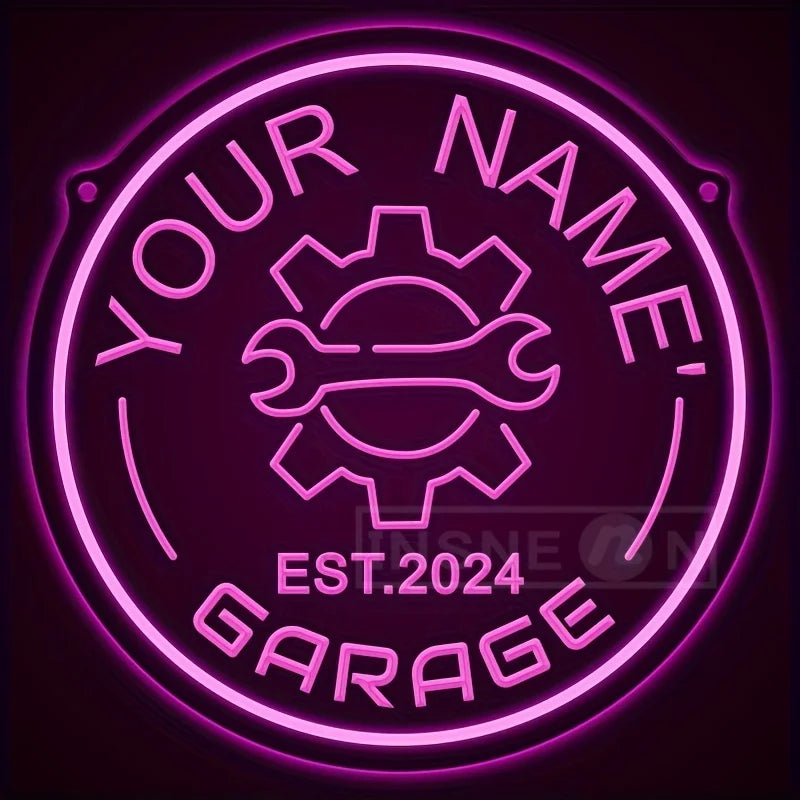 Custom Your Name Neon Garage Sign Gear Design USB Adjustable Brightness LED Wall Decor Auto Enthusiasts Parties Garage Decor