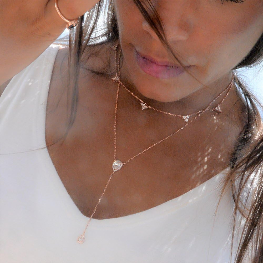 CZ Pear Drop Lariat Necklace 16" with 2.75" Y Drop Adjustable, 3 Colors Available
