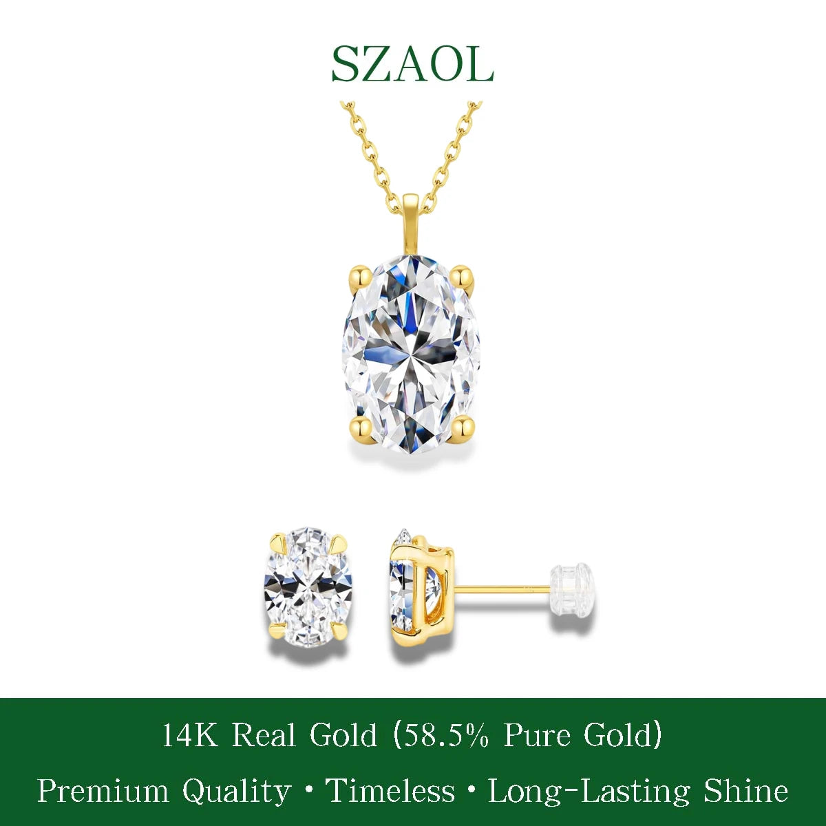 Classic 1-2Ct D Moissanite Solitaire Drop Necklace Diamond Stud Earrings for Women Real 14K Gold Oval Moissanite Pendant Chain