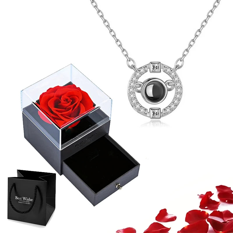Projection Necklace Set with Rose Gift Box 100 Languages I Love You Heart Pendant Jewelry 2023 Hot Sale Accessories Dropshipping