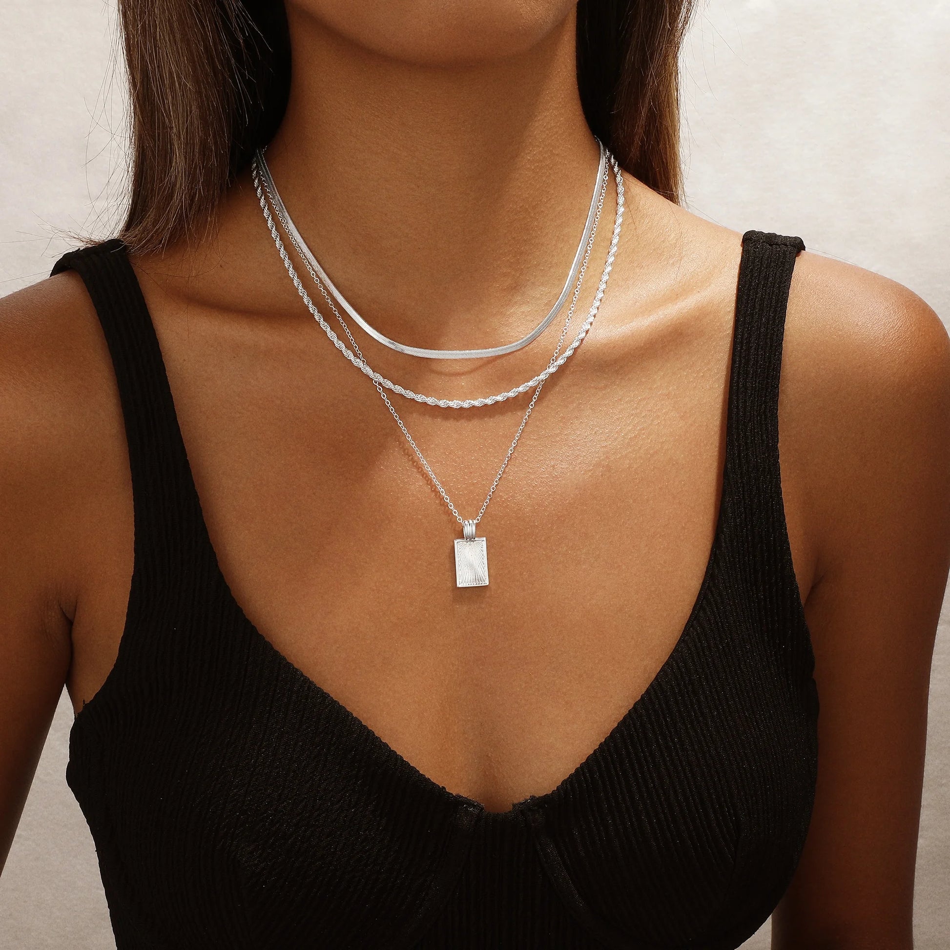 Silver Plated Necklace for Women Necklaces Dainty Layered Necklaces Simple Stackable Pendant Necklaces Herringbone Rope Chain Choker Jewelry