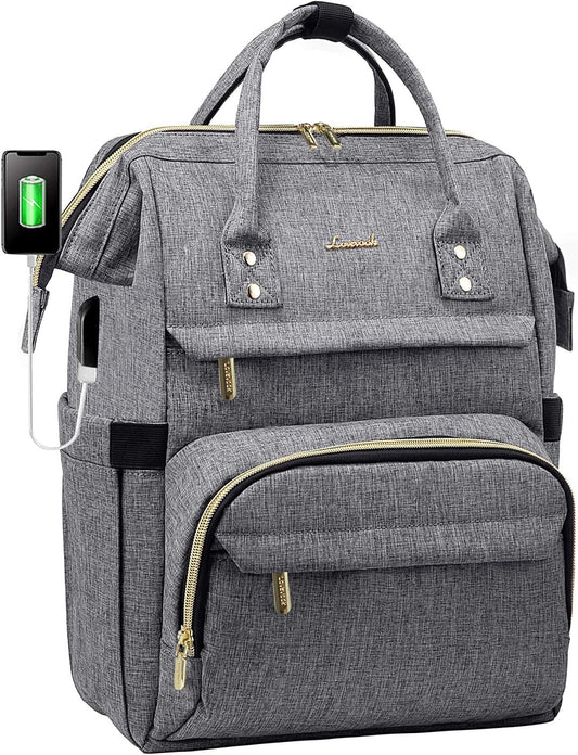 Laptop Backpack Women, 15.6 Inch Work Backpack Woman for Teacher Nurse Bags, Computer College Backpack Purse, Waterproof Anti-Theft Travel Back Pack with USB Charging Port, Grey