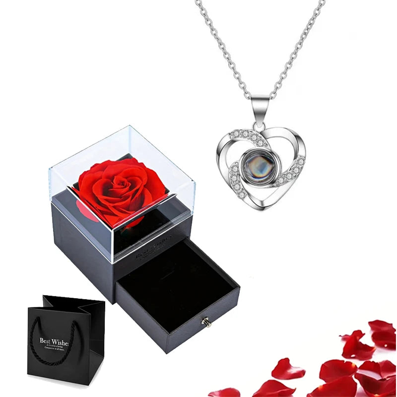 Projection Necklace Set with Rose Gift Box 100 Languages I Love You Heart Pendant Jewelry 2023 Hot Sale Accessories Dropshipping