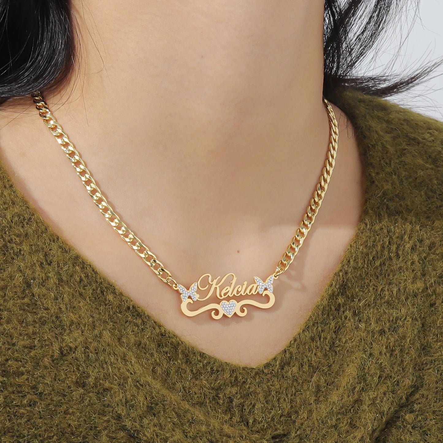 Luxury Custom Name Necklace with Butterfly Nameplate Rhinestone High Quality Stainless Steel with 18K Gold Plating Necklace