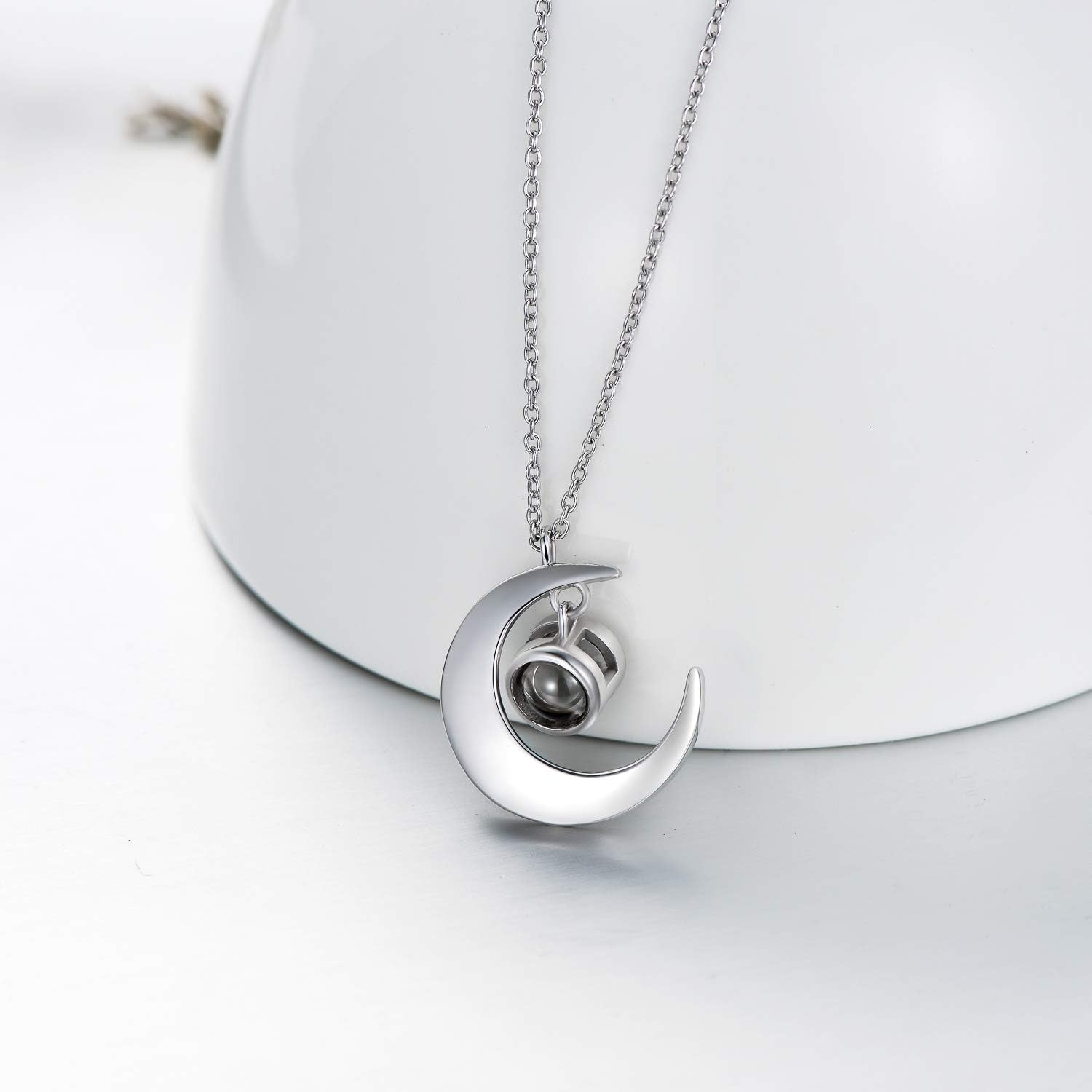 Sterling Silver Moon Necklace with I Love You in 100 Languages Projection/Personalize Photo Projection Pendant Jewelry Gifts for Wife Mom Adults