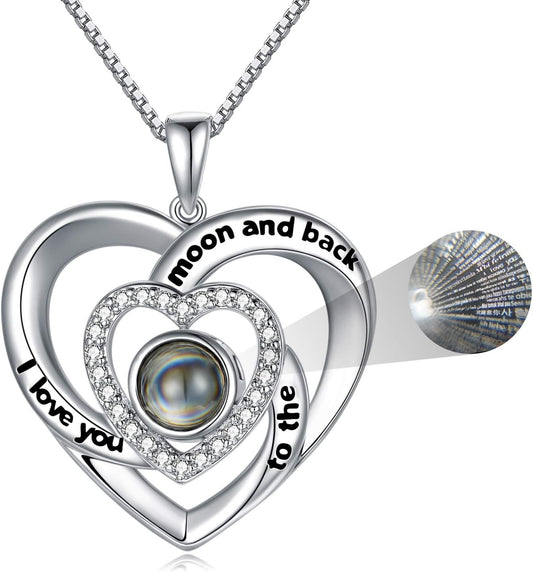925 Sterling Silver I Love You 100 Languages Necklace I Love You Forever Infinity Heart Mom Sunflower Projection Pendant Necklace for Women Mother'S Day Gift