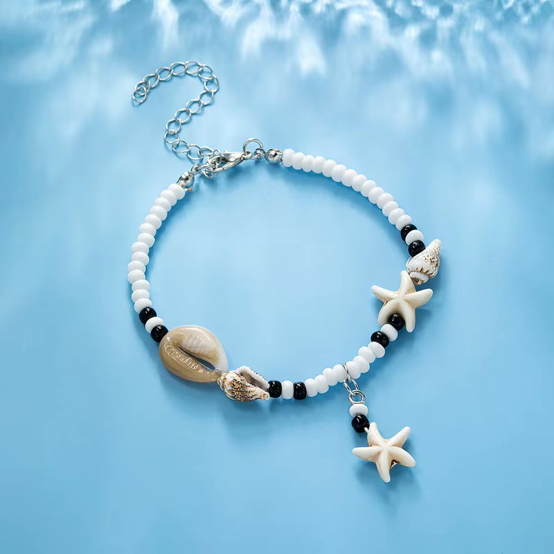Bohemia Shell Anklet for Women Colorful Rice Beads Handmade Braided Rope Bracelet on Leg Beach Barefoot Sandal Leg Chain Jewelry