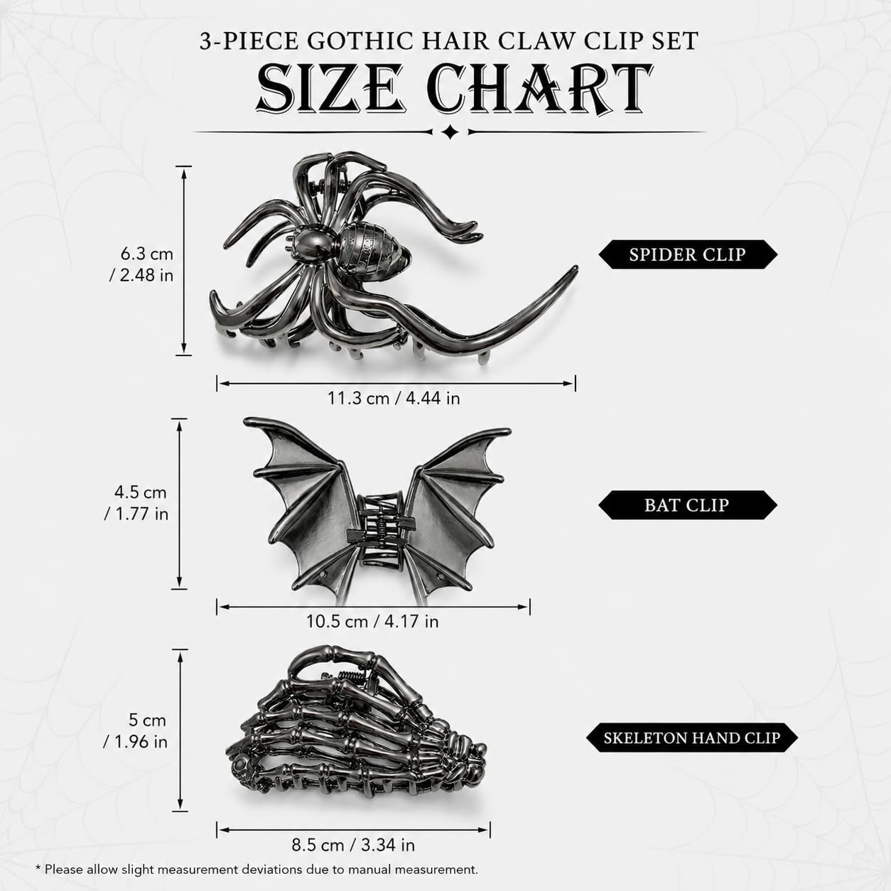 3 PCS Gothic Hair Claw Clips for Women, Metallic Black Bat Spider Skeleton Hand Hair Clips, Strong Hold Halloween Hair Accessories for Thick Thin Hair, Costume Party Everyday Styling Gifts