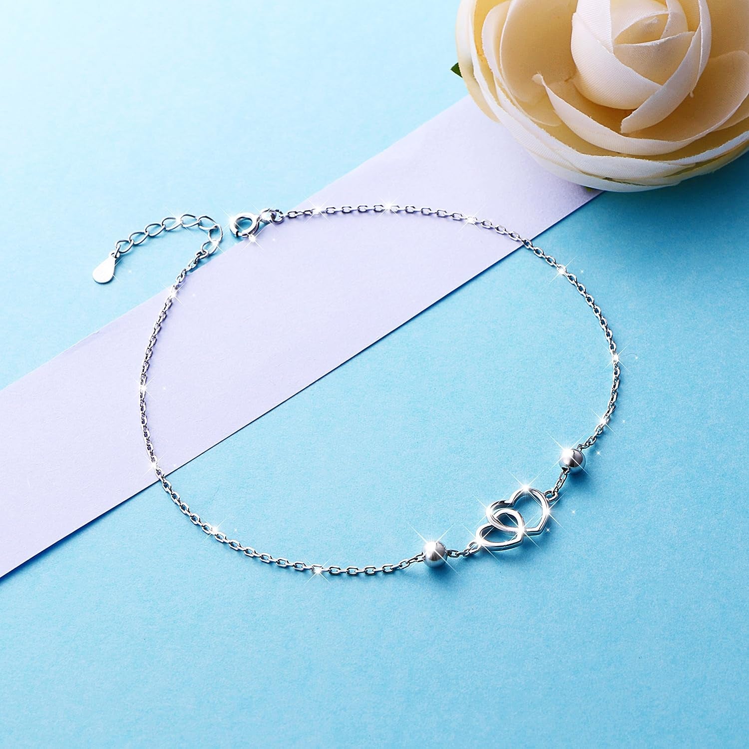 Anklet for Women S925 Sterling Silver Adjustable Foot Heart Lotus Infinity Moon Srars Flower Pearl Multilayer Layered Ankle Bracelet Beach Jewelry