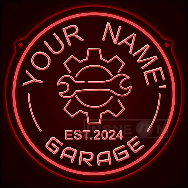 Custom Your Name Neon Garage Sign Gear Design USB Adjustable Brightness LED Wall Decor Auto Enthusiasts Parties Garage Decor