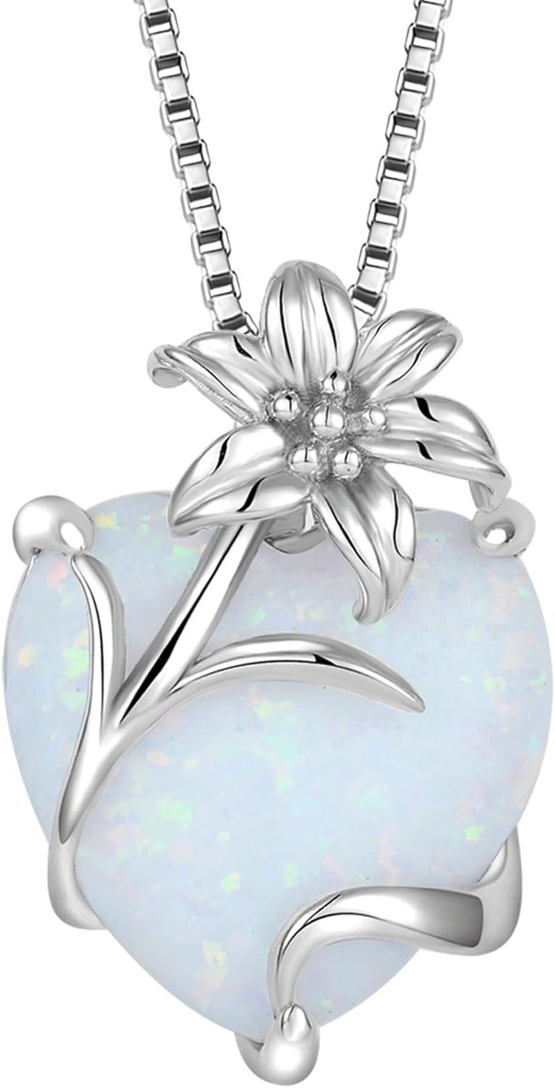 Heart Necklace for Women 925 Sterling Silver Lily Pendant Created Opal Flower Jewelry