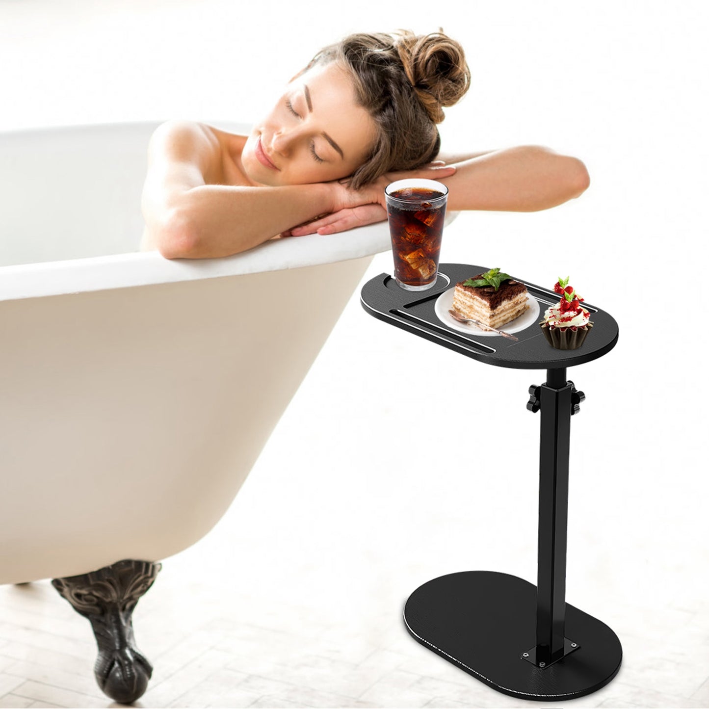 1Pc C-Shaped Bathtub Tray Table With Adjustable Height 360Degree Rotatable Desktop Freestanding Bath Caddy Against Wall Couch Bed Sofa Side Table