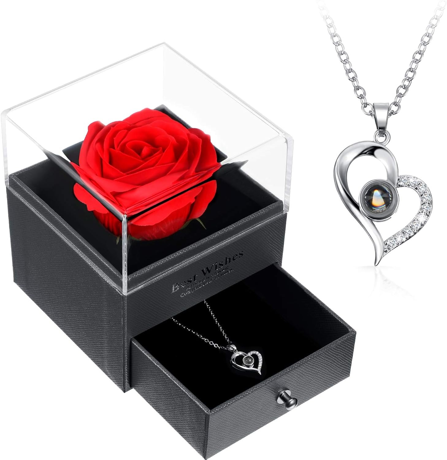 Mother'S Day Necklace Gift for Girlfriend Women I Love You in 100 Languages Projection Necklace Heart Pendant with Preserved Red Rose Flower in Box for Mom Mama Wife on Anniversary