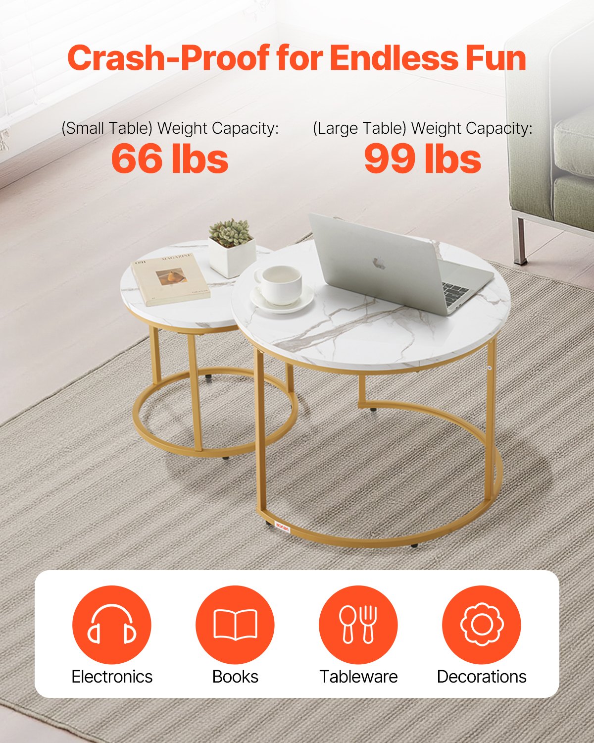 Nesting Coffee Table Set Of 2, 23.6 In Round Coffee Table, Nesting Tables For Small Place, Vintage End Side Tables Night Stand With Metal Frame, For Living Room, Bedroom, Office (White & Gold)