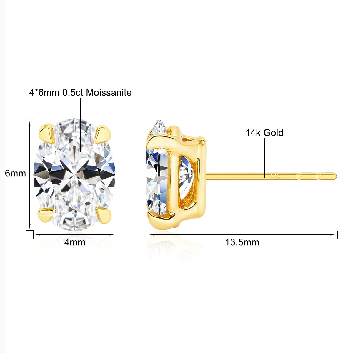 Classic 1-2Ct D Moissanite Solitaire Drop Necklace Diamond Stud Earrings for Women Real 14K Gold Oval Moissanite Pendant Chain