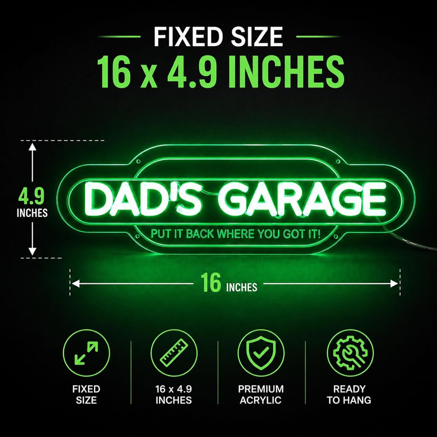 Green Dad’S Garage Neon Sign, Dimmable Handmade Acrylic Garage LED Light Sign, Put It Back Where You Got It 3D Garage Neon Signs Wall Decor, Birthday Father’S Day Gift for Dad Men 16 X 4.9 In