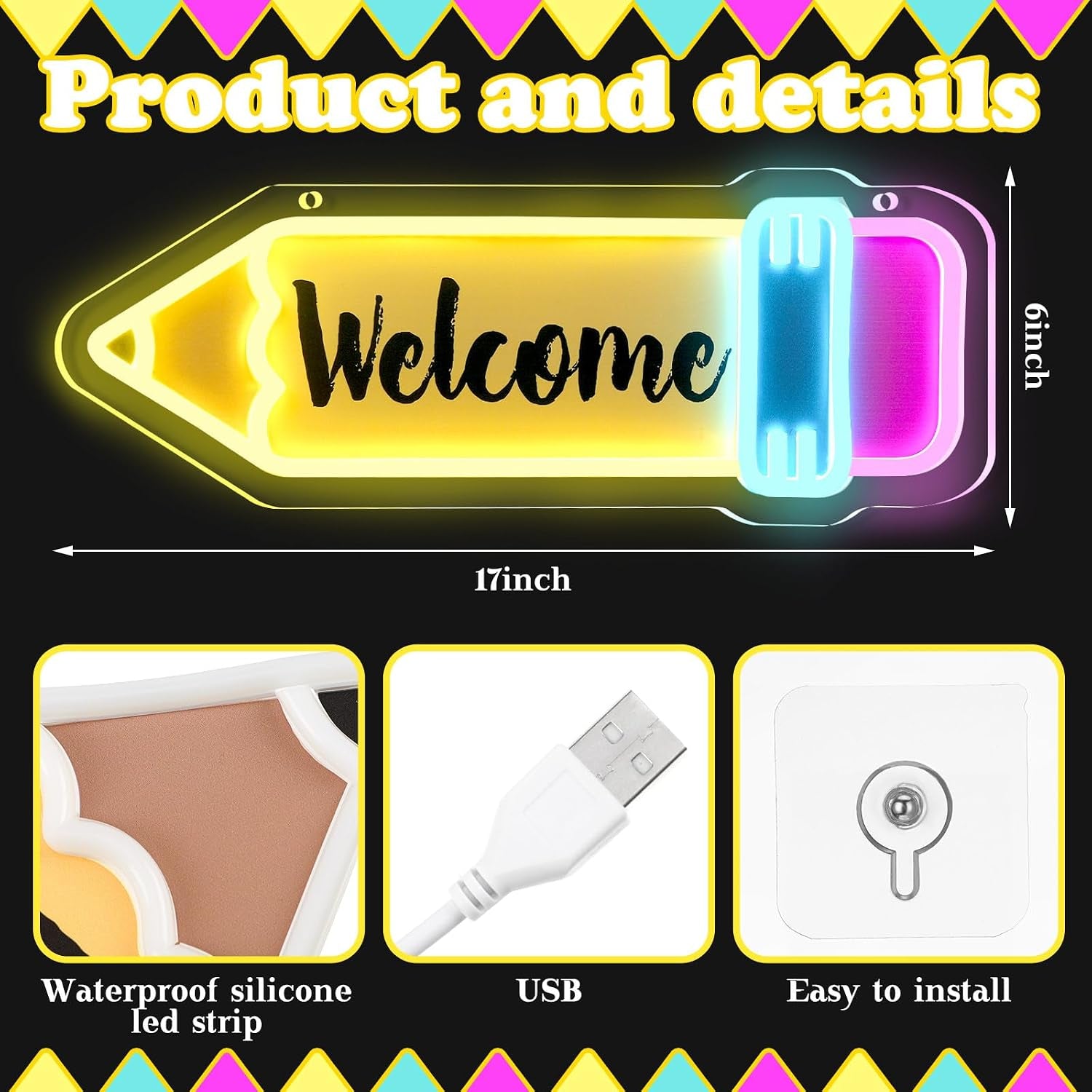 Pencil LED Neon Signs Back to School Wall Decoration 17 X 6 Inches for Back to School Classroom Study Area Library