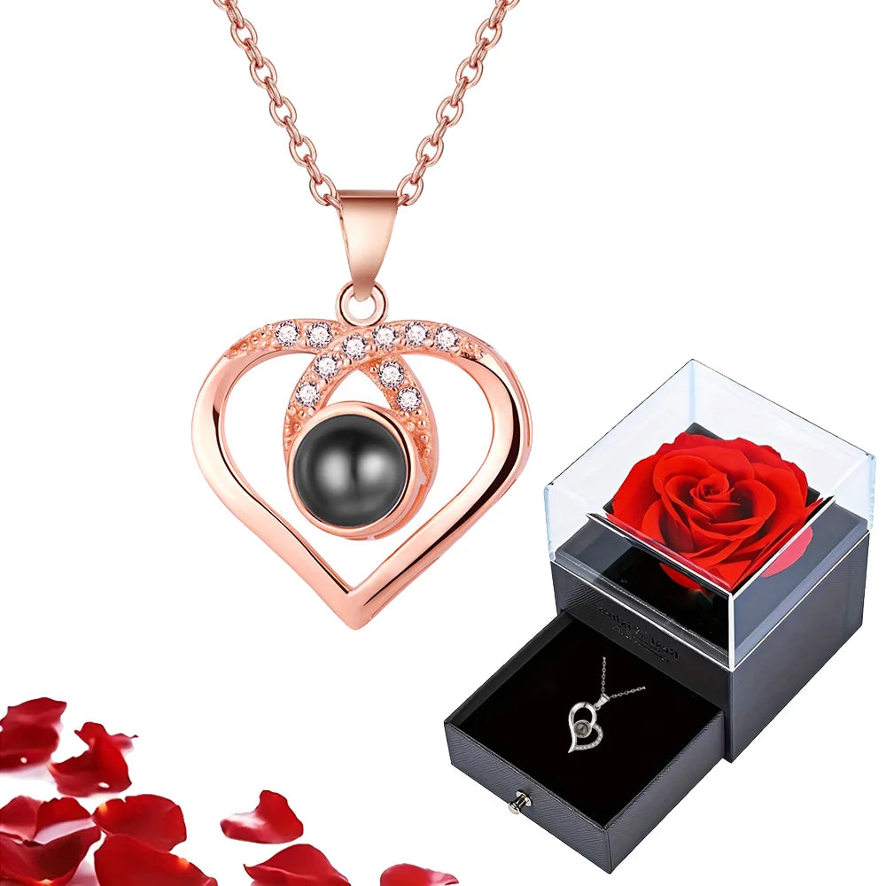 Projection Necklace Set with Rose Gift Box 100 Languages I Love You Heart Pendant Jewelry 2023 Hot Sale Accessories Dropshipping
