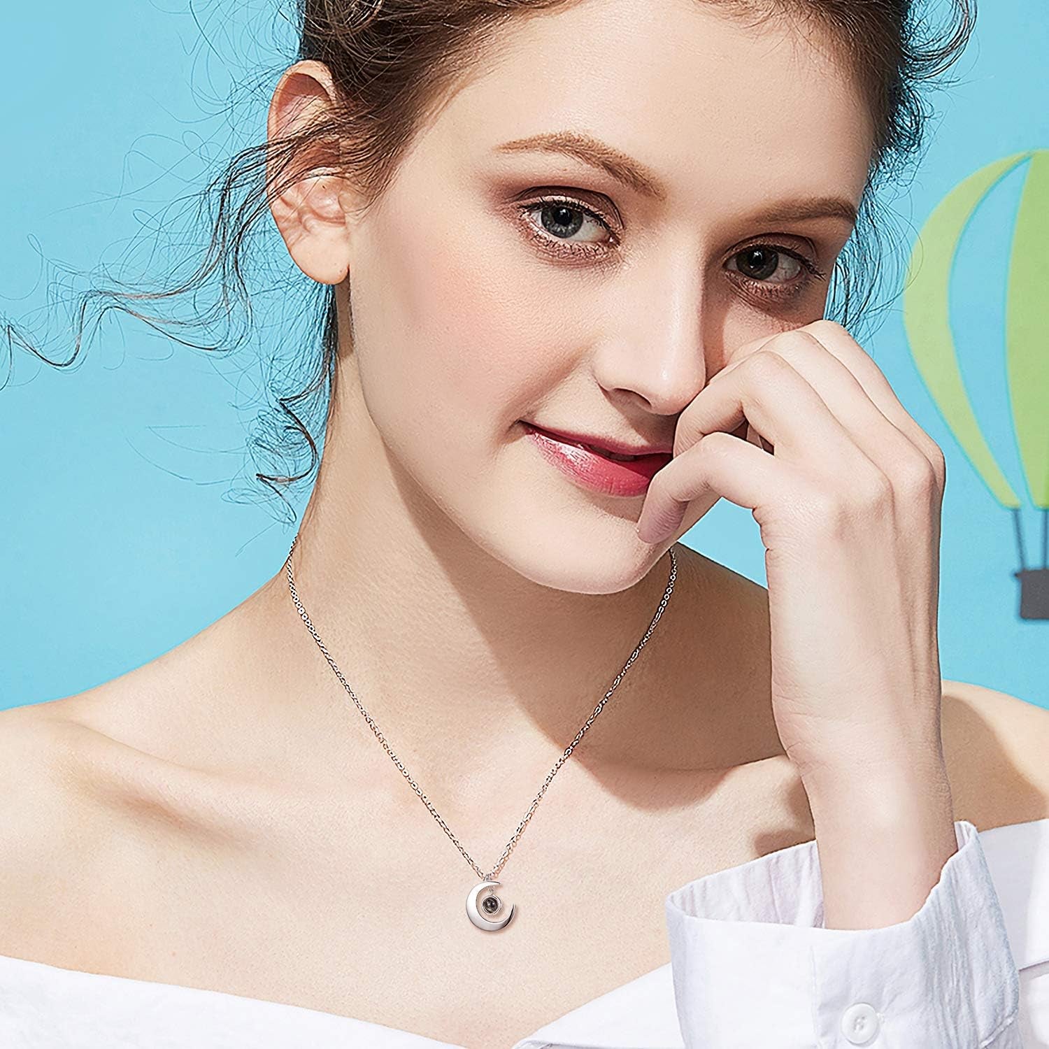 Sterling Silver Moon Necklace with I Love You in 100 Languages Projection/Personalize Photo Projection Pendant Jewelry Gifts for Wife Mom Adults