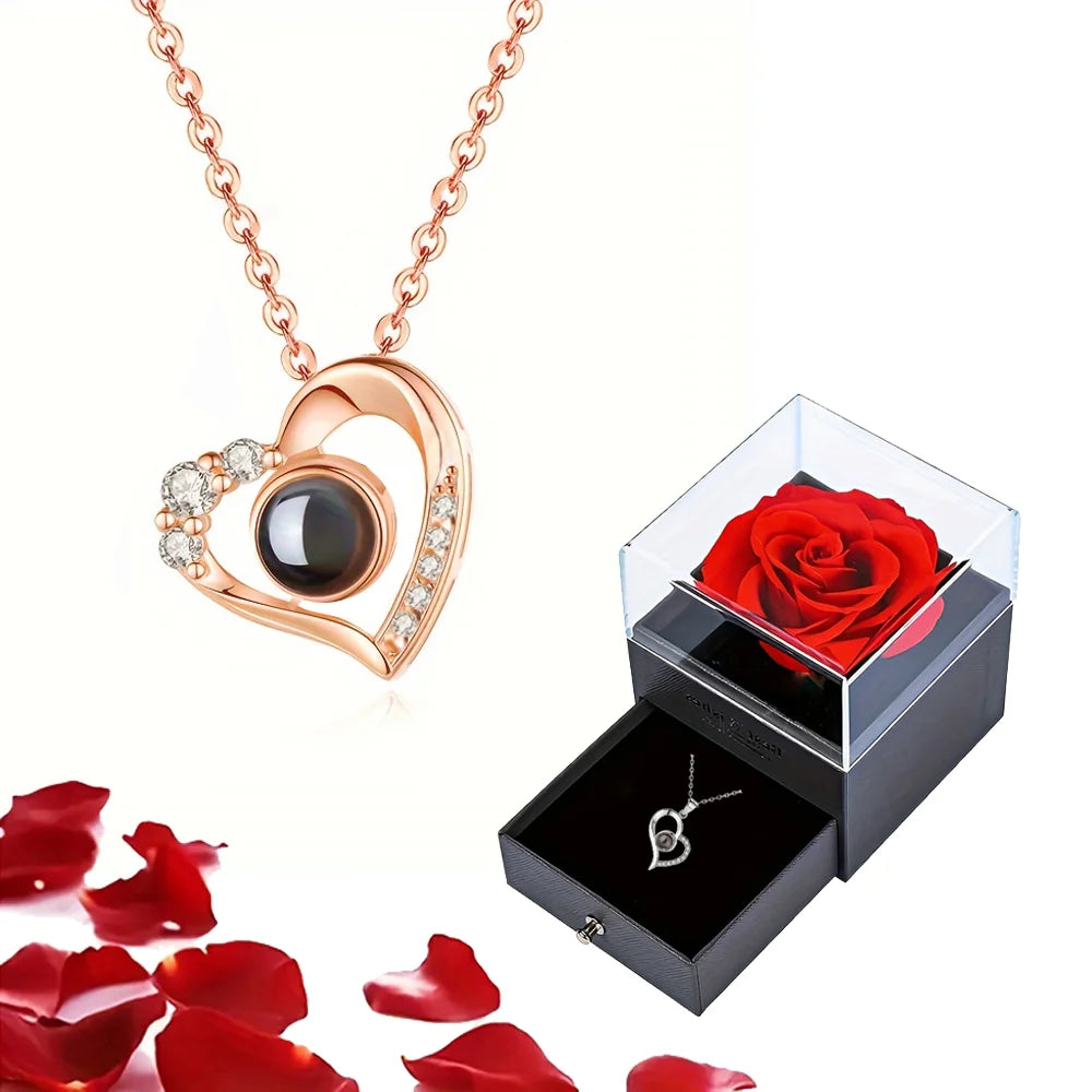 Projection Necklace Set with Rose Gift Box 100 Languages I Love You Heart Pendant Jewelry 2023 Hot Sale Accessories Dropshipping