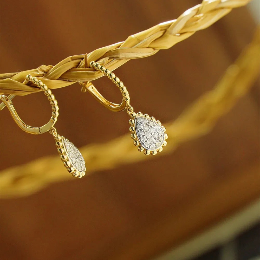 Shelly Vintage Real 18K Solid Yellow Gold AU750 Jewelry Natural Diamonds Water Drop Design Drop Earrings for Women Party Gift