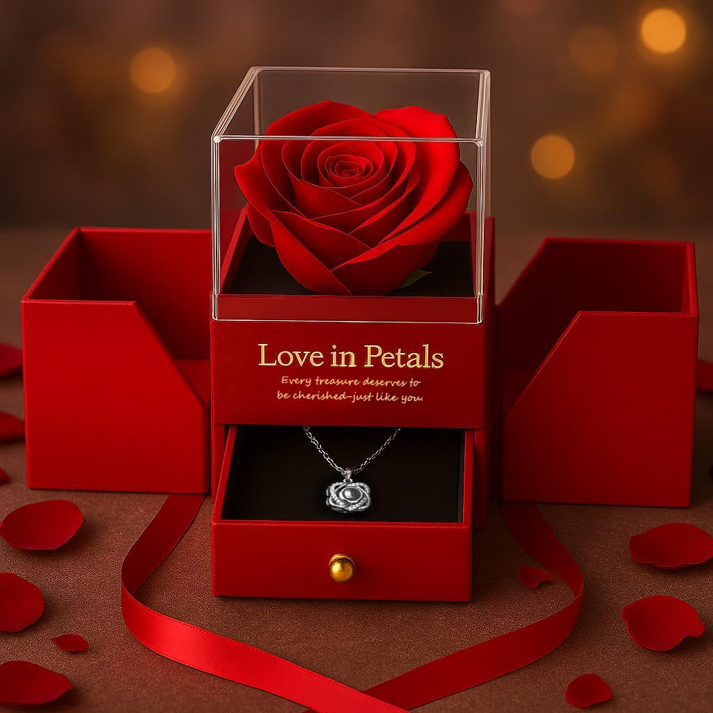 Preserved Red Real Rose with Heart I Love You Necklace - Gifts for Mothers Day, Christmas, Birthday Gifts for Women- Long Lasting Forever Flowers Best Presents for Women (Red)