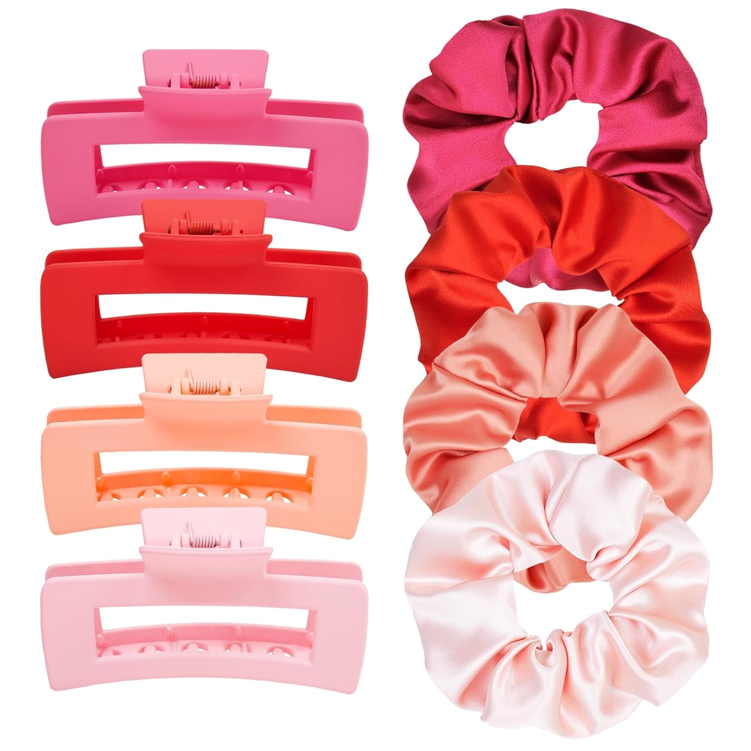 8Pcs Hair Clips and Scrunchies Set for Women – 4 Non-Slip Matte Medium Claw Clips, 4 Large Satin Scrunchies, Hair Accessories for Thick Thin Hair, Party, Daily Use (Pink Colors Set)