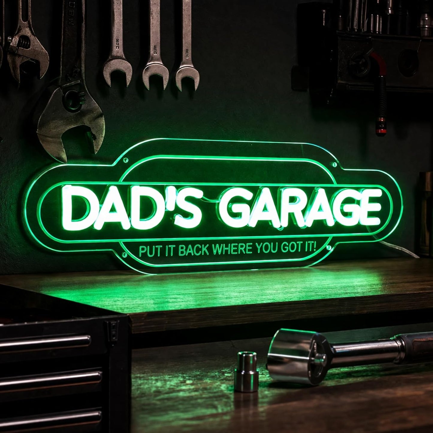 Green Dad’S Garage Neon Sign, Dimmable Handmade Acrylic Garage LED Light Sign, Put It Back Where You Got It 3D Garage Neon Signs Wall Decor, Birthday Father’S Day Gift for Dad Men 16 X 4.9 In