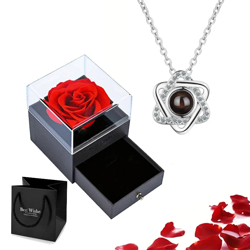 Projection Necklace Set with Rose Gift Box 100 Languages I Love You Heart Pendant Jewelry 2023 Hot Sale Accessories Dropshipping