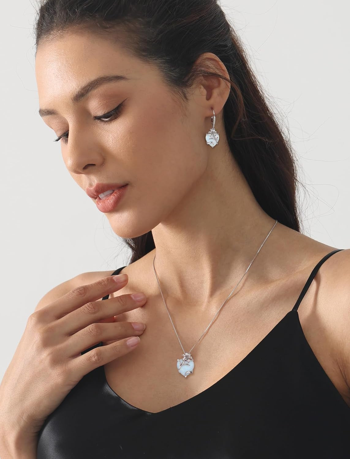 Heart Necklace for Women 925 Sterling Silver Lily Pendant Created Opal Flower Jewelry