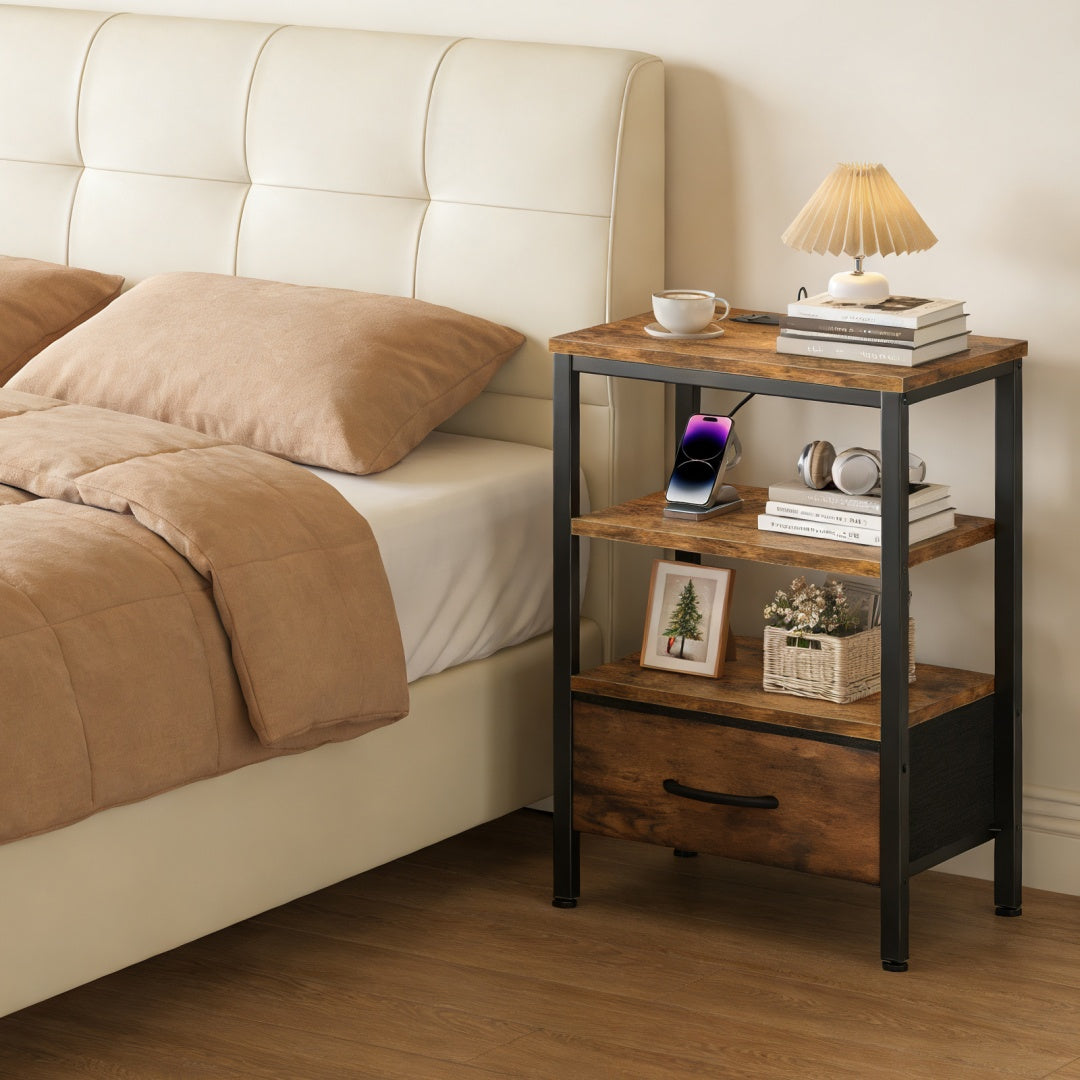 Bedside Table, With Built-in USB- C-type Port Sockets And Adjustable Drawers, 3-layer Storage Rack, And Fabric Drawers