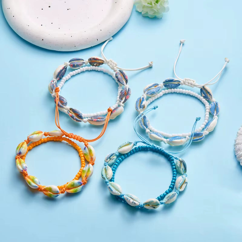 Bohemia Shell Anklet for Women Colorful Rice Beads Handmade Braided Rope Bracelet on Leg Beach Barefoot Sandal Leg Chain Jewelry
