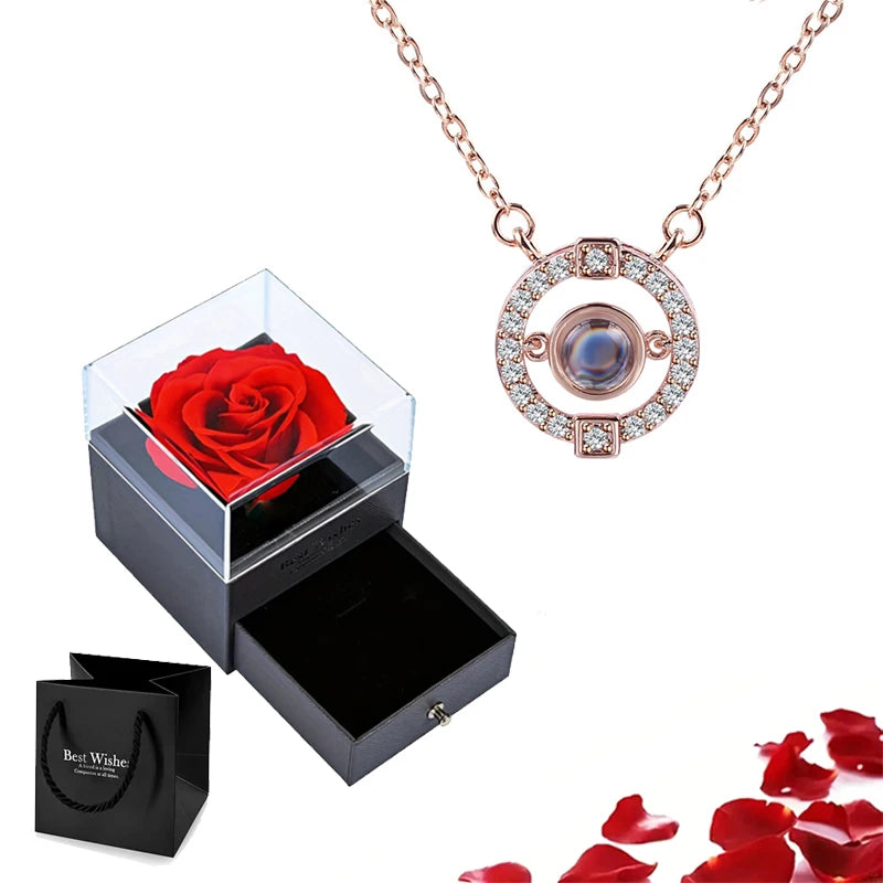 Projection Necklace Set with Rose Gift Box 100 Languages I Love You Heart Pendant Jewelry 2023 Hot Sale Accessories Dropshipping