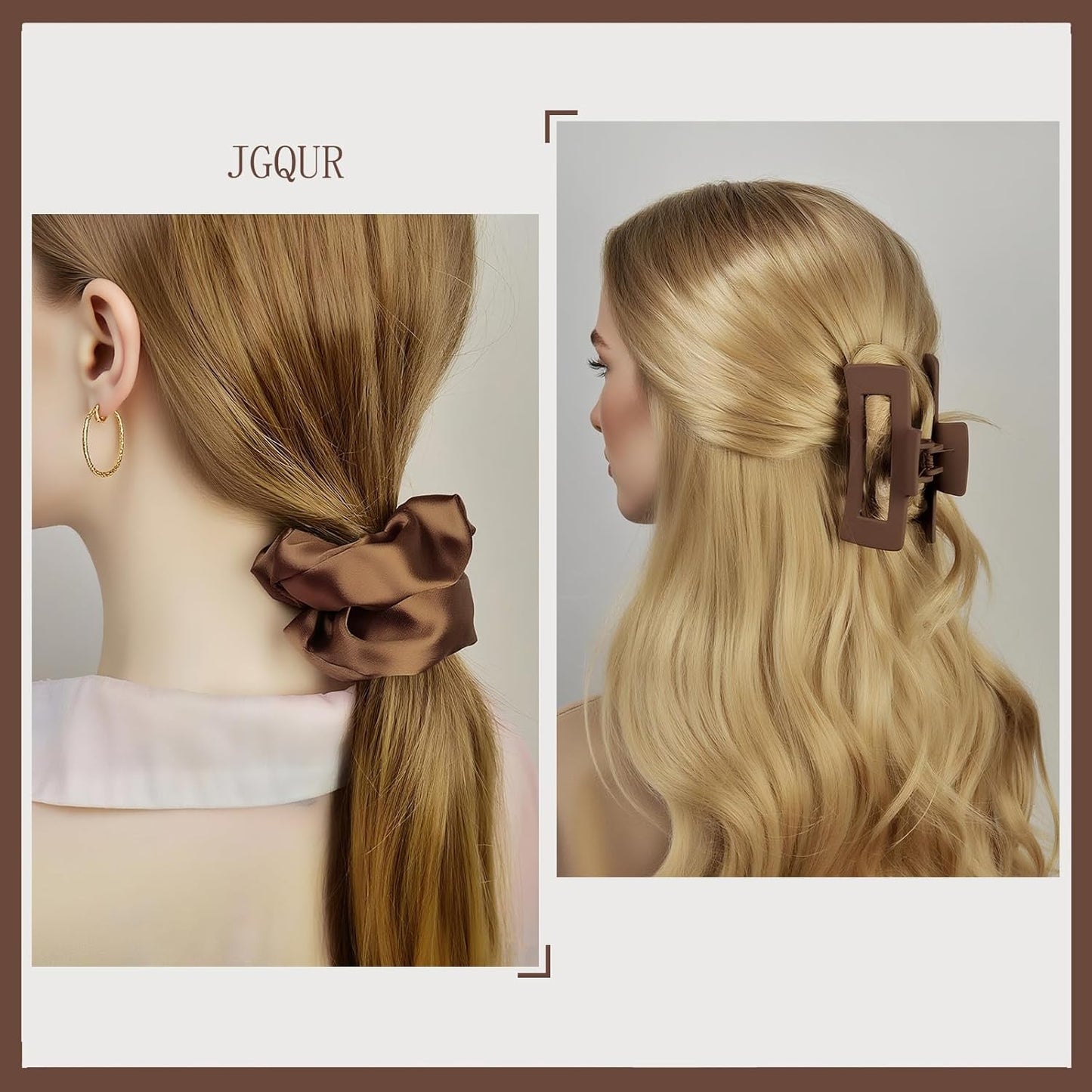 8Pcs Hair Clips and Scrunchies Set - 4 Medium Claw Clips for Women, Non-Slip Matte Hair Claws, 4 Large Satin Scrunchies, Hair Accessories Set for Thick Thin Hair, Neutral Color, Daily Use