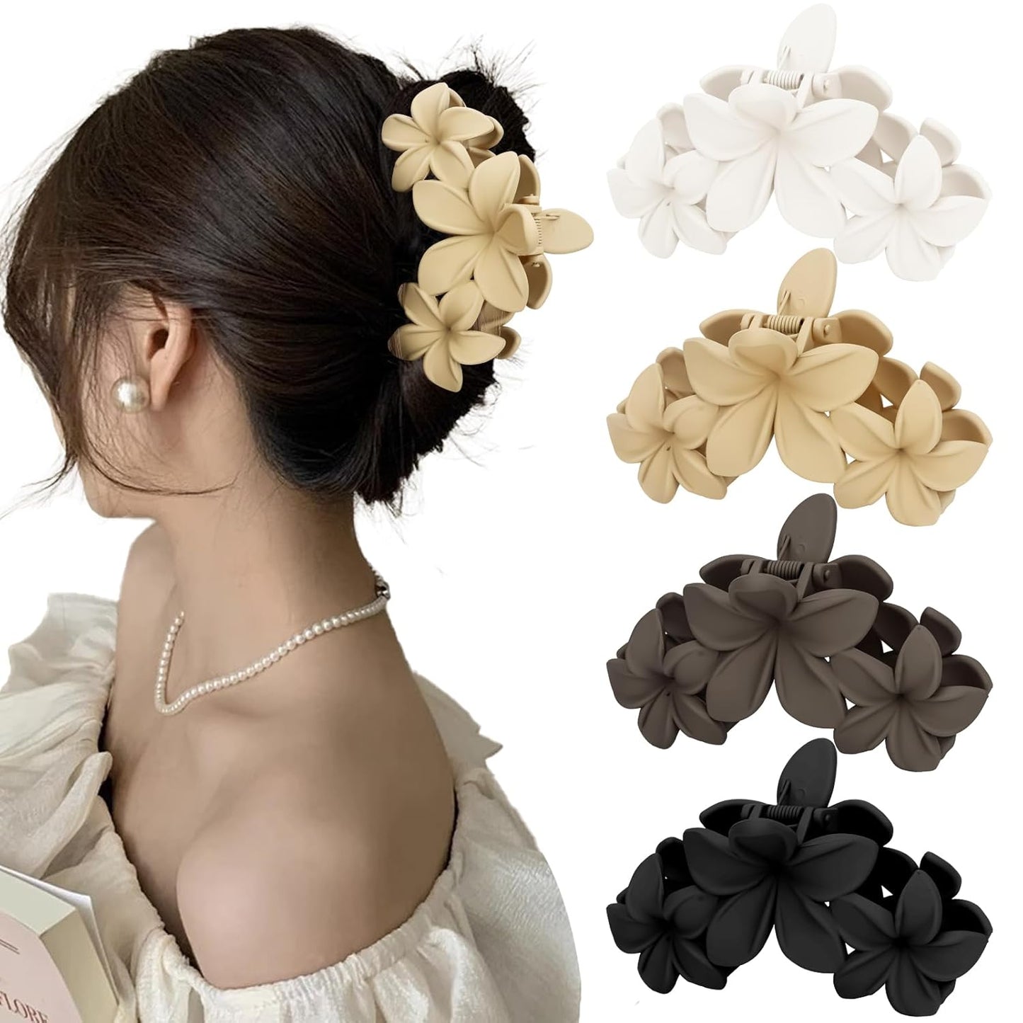 Matte Flower Hair Accessories - 4PCS Large Plumeria Hawaiian Hair Clips with Strong Hold for Women, Non-Slip and Cute